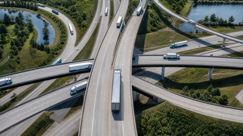 Silver SemiTruck Flow on Highway Interchange at Daylight