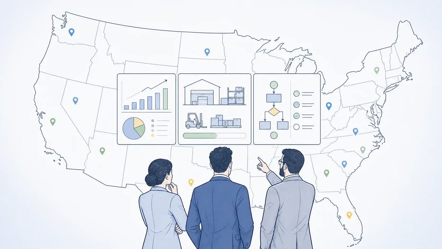 Business Consultants Planning On US Map Dashboard