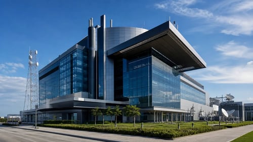 Contemporary Telecom Headquarters with Glass Facades and Geometric Design