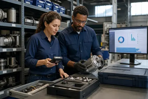 Female Technician Verifying Spare Parts In Industrial Storeroom