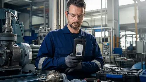 Focused Technician Reviewing Backside Of Smartphone