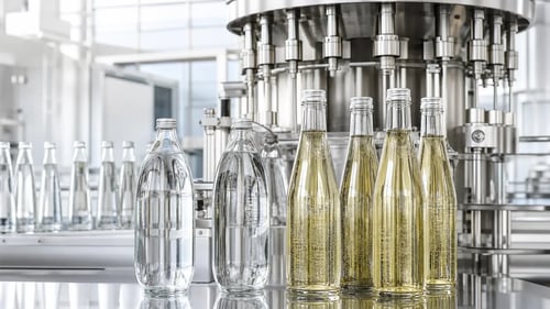 Glass Bottles In Front Of Beverage Filling Machine