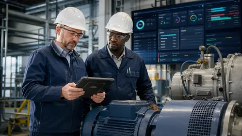 Industrial Maintenance Team Reviewing Work Order Tablet