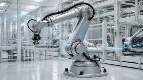 Industrial Robotic Arm with Subtle Glowing Sensors