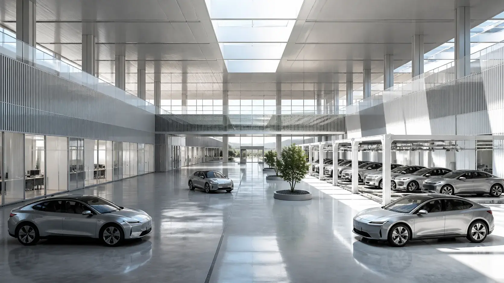 Modern Automotive Factory with Sleek Silver EVs and Clean Geometry