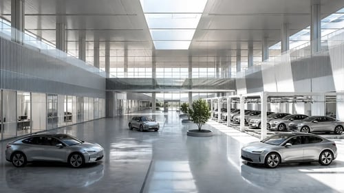 Modern Automotive Factory with Sleek Silver EVs and Clean Geometry