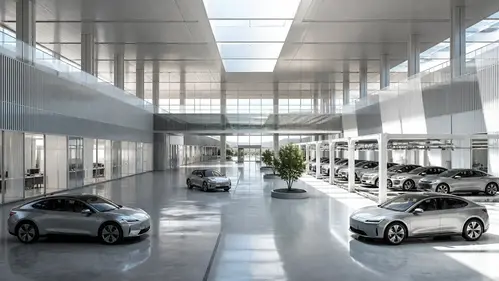 Modern Automotive Factory with Sleek Silver EVs and Clean Geometry