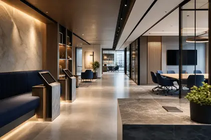 Modern Corporate Workspace with SelfService Area and Collaboration Spaces