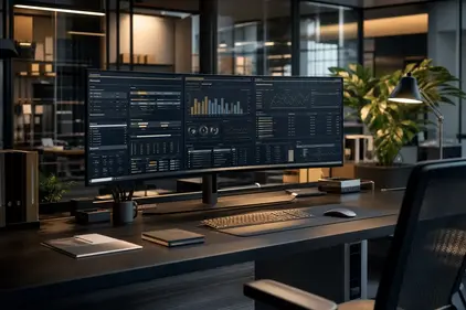 Modern Corporate Workstation with Deep Navy and Graphite Aesthetic
