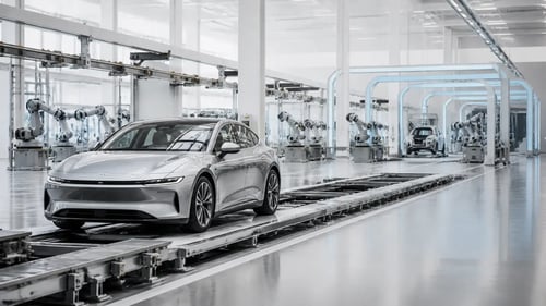 Modern EV Manufacturing Facility with Sleek Silver Car