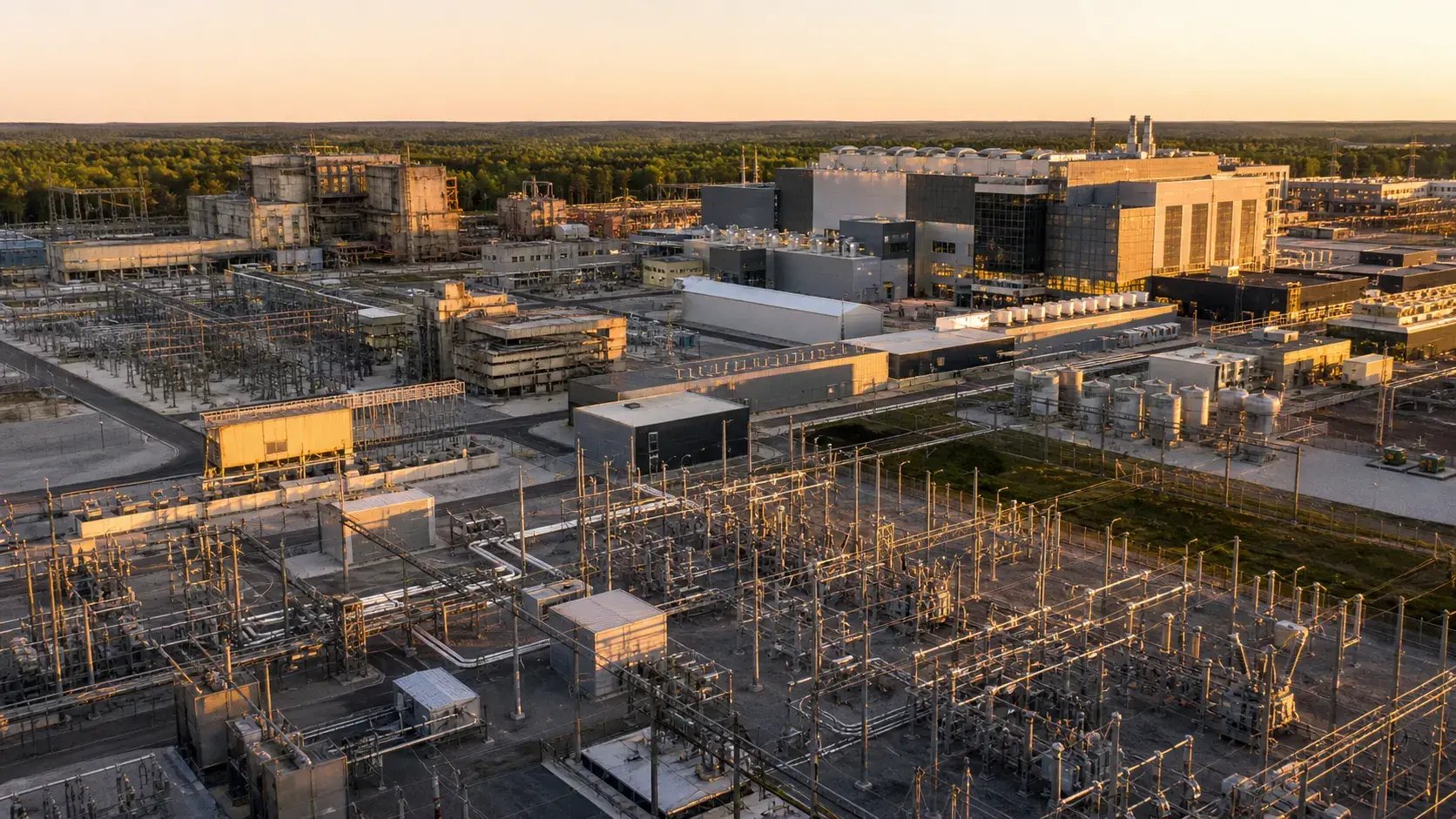 Modern Energy Infrastructure Complex At Golden Hour