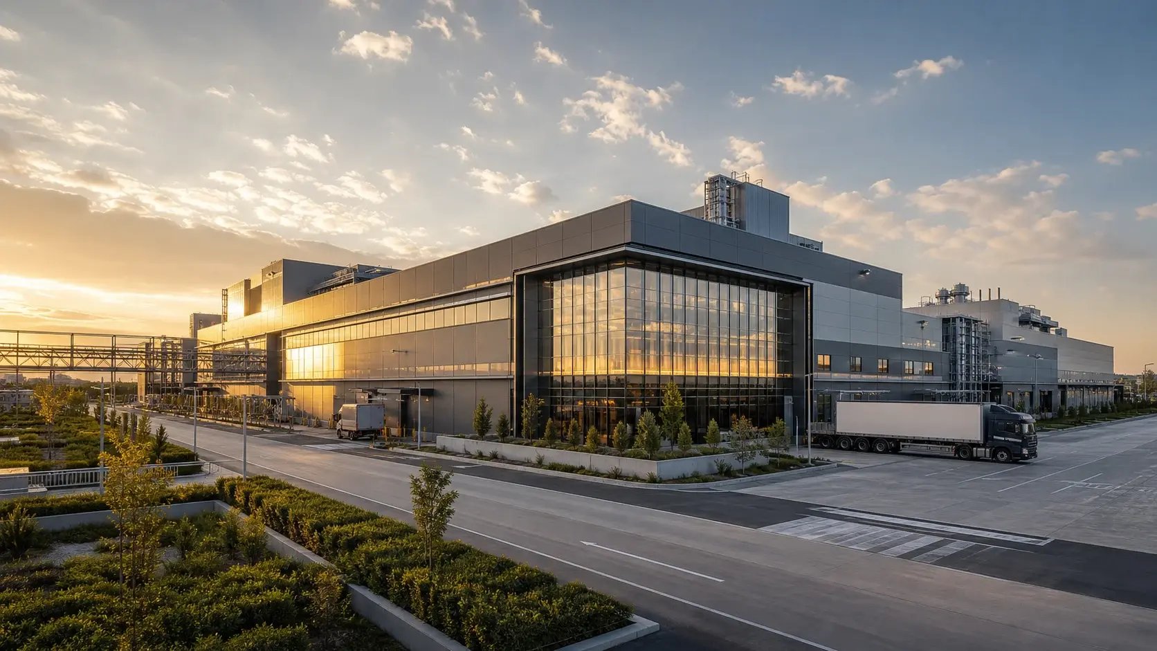 Modern European Packaging Plant At Golden Hour