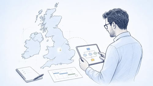 Sap Consultant Reviewing System Diagram Near UK Map