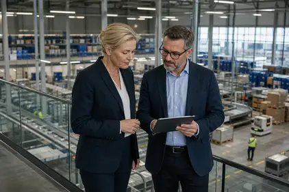 Senior Executives Reviewing Process Optimization In Modern Logistics Facility