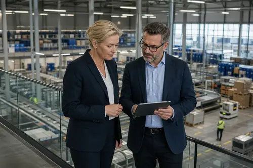 Senior Executives Reviewing Process Optimization In Modern Logistics Facility