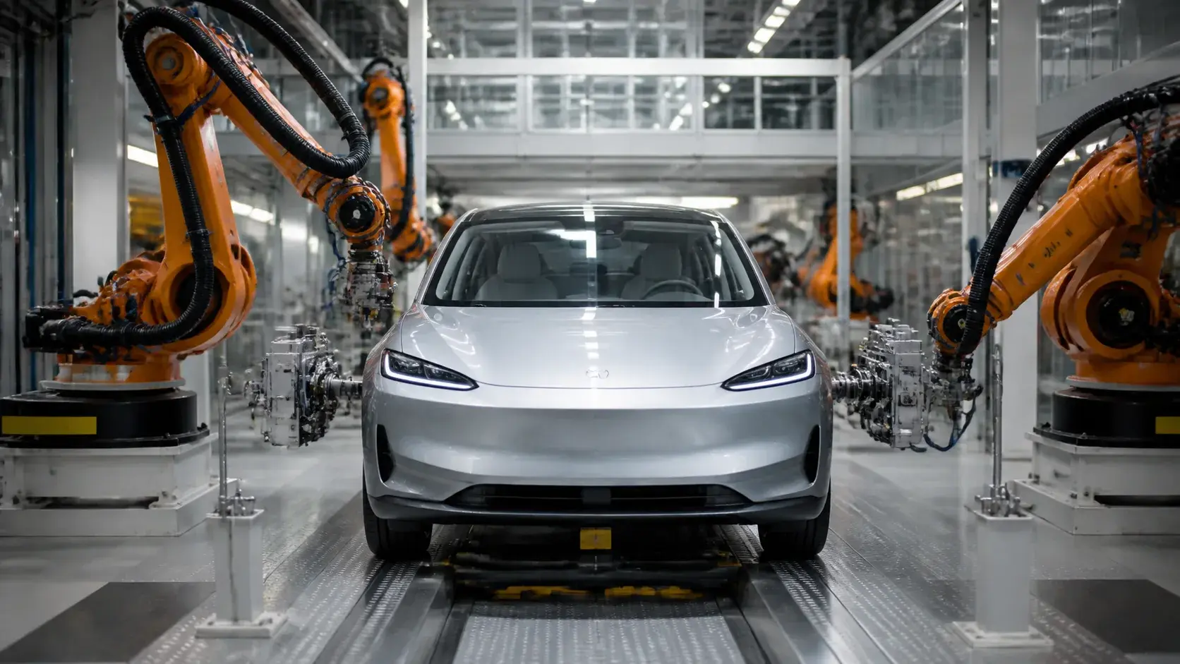 Sleek Electric Car on Automated Assembly Line