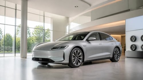 Sleek Silver Electric Car in Modern Showroom with Subtle Design Details
