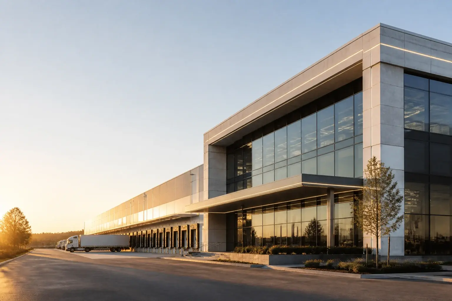 Modern Manufacturing Facility at Golden Hour