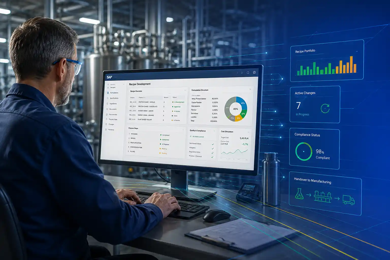 Pracownik zarządza danymi produktu i procesami PLM w systemie ERP na hali produkcyjnej.