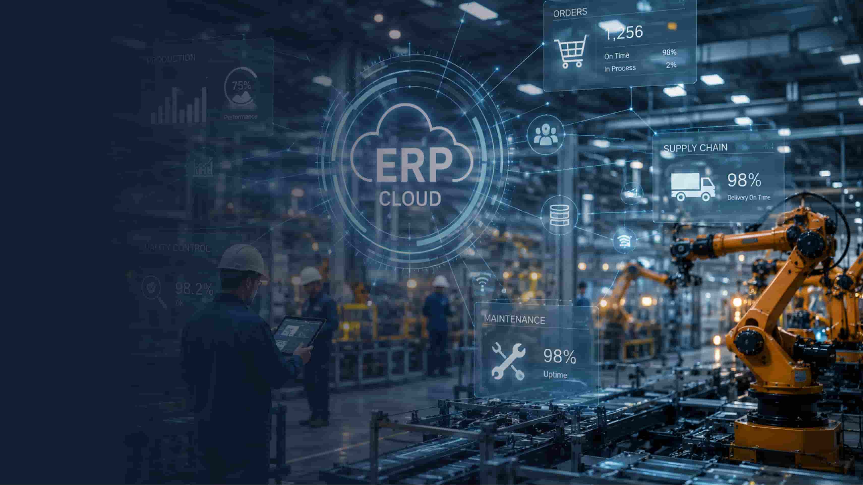 Produkcja maszyn w hale z nowoczesnym systemem erp cloud.
