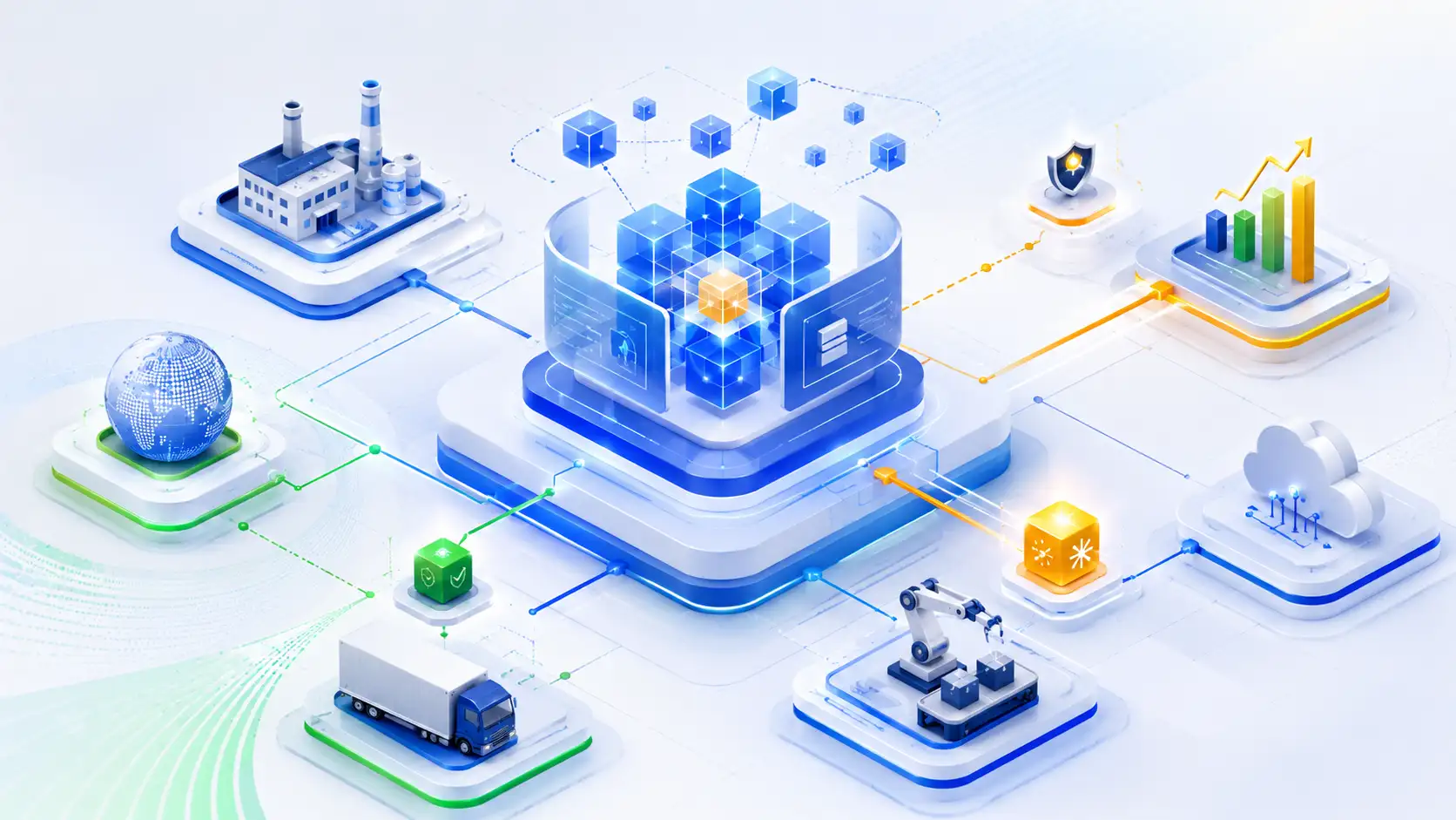 Nowoczesna ilustracja przedstawiająca SAP Application Management Services (AMS), zintegrowane procesy biznesowe, przepływ danych oraz automatyzację wspierającą zarządzanie systemami ERP w przedsiębiorstwie.