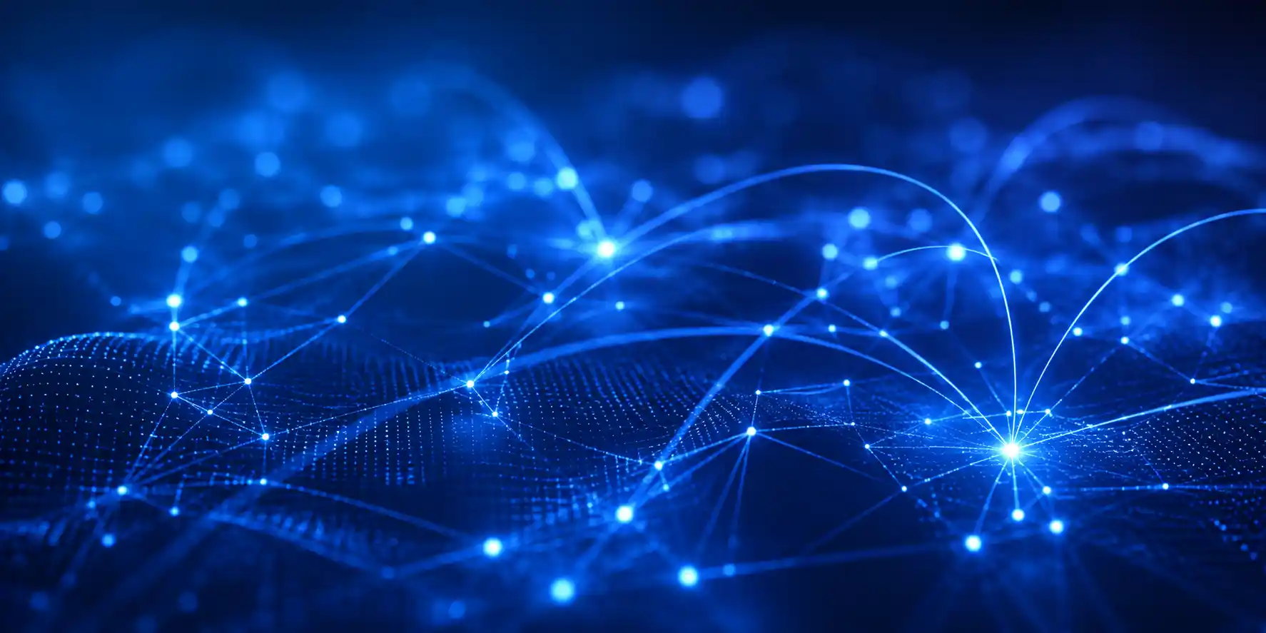 Futurystyczna wizualizacja SAP Business Network przedstawiająca cyfrową sieć połączeń między firmami, systemami i procesami biznesowymi.