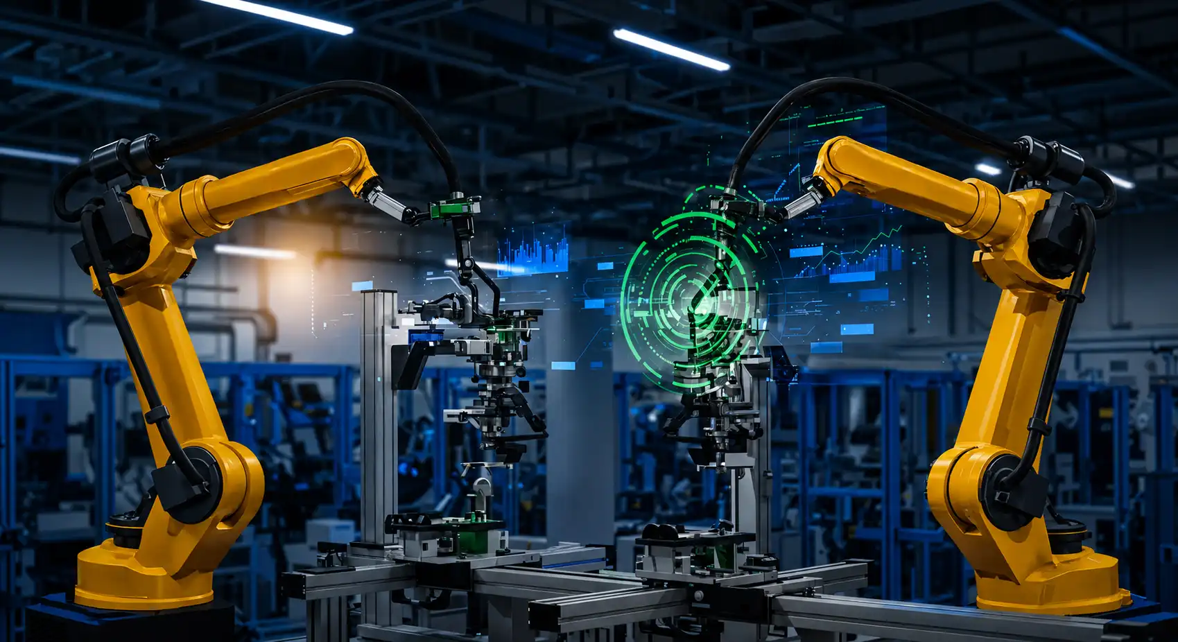 Nowoczesne roboty przemysłowe na zautomatyzowanej linii produkcyjnej z cyfrowymi interfejsami AI w kolorystyce firmowej – niebieskiej, zielonej, żółtej i czarnej, symbolizujące automatyzację i Przemysł 4.0.