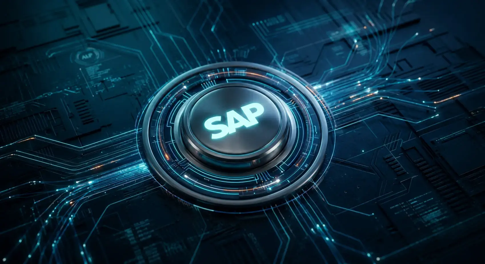 Futurystyczny przycisk technologii SAP otoczony świecącymi, cyfrowymi liniami połączeń i elementami cybernetycznego interfejsu na ciemnoniebieskim tle, symbolizujący systemy ERP, automatyzację przedsiębiorstw oraz nowoczesną infrastrukturę IT.