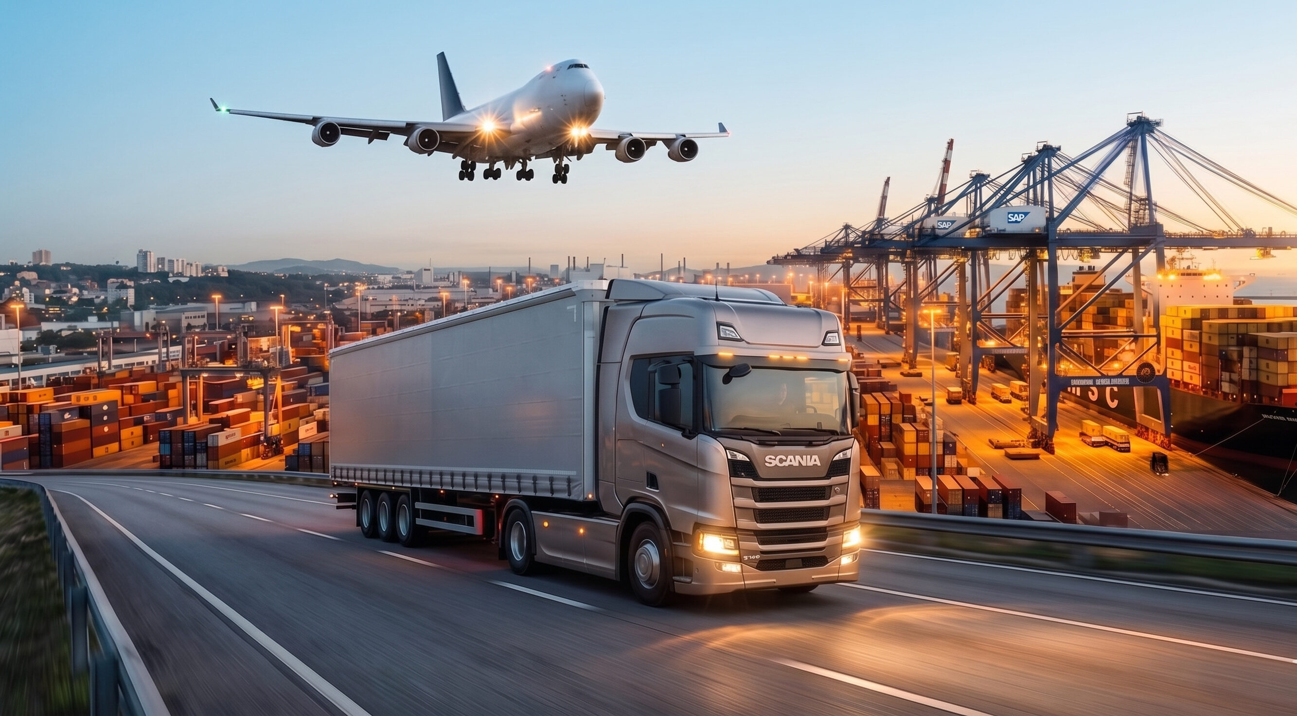 Nowoczesny proces logistyczny obsługiwany przez system SAP ERP: ciężarówka Scania na drodze, lądujący samolot cargo oraz rozładunek kontenerowca w porcie morskim.