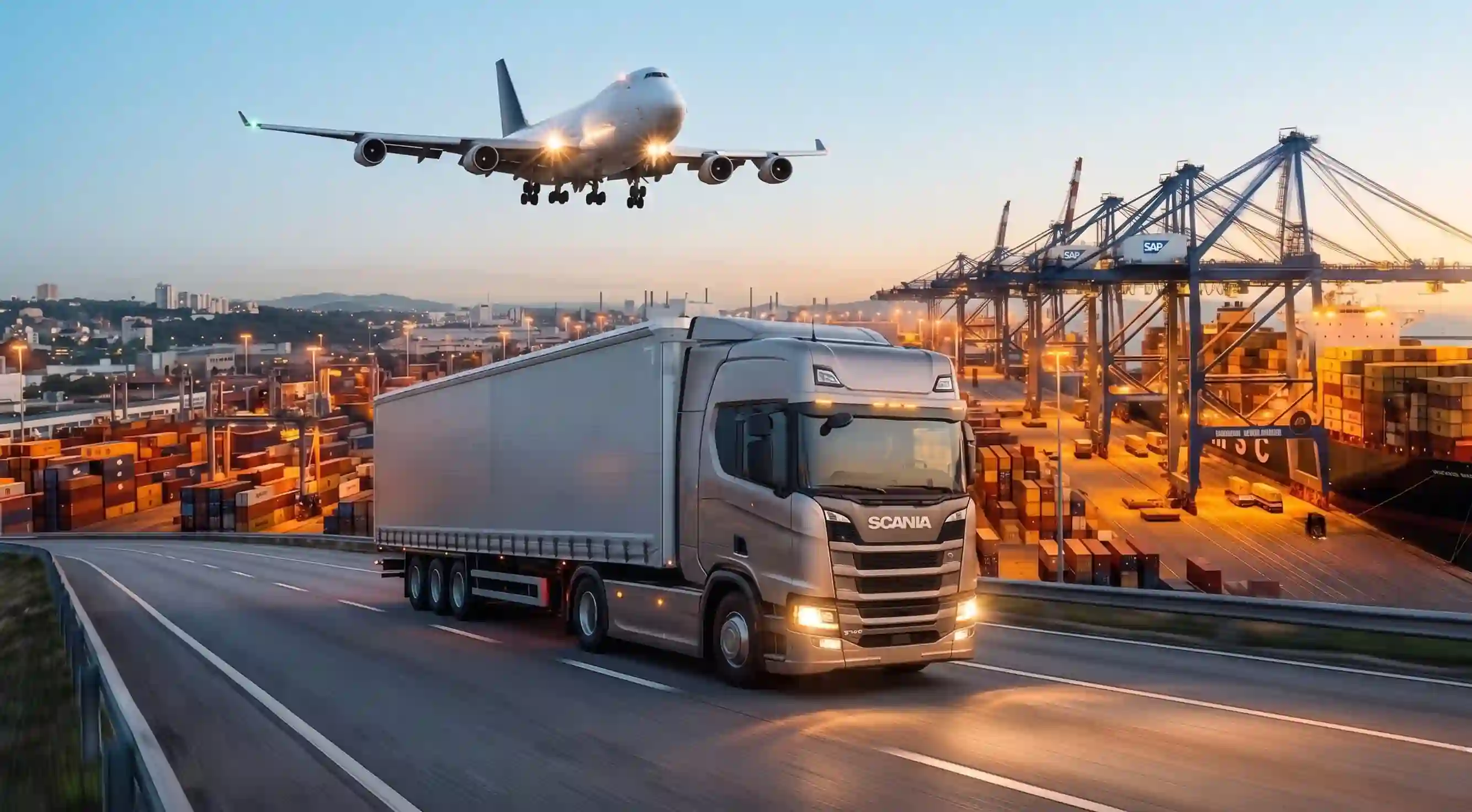 Nowoczesny proces logistyczny obsługiwany przez system SAP ERP: ciężarówka Scania na drodze, lądujący samolot cargo oraz rozładunek kontenerowca w porcie morskim.