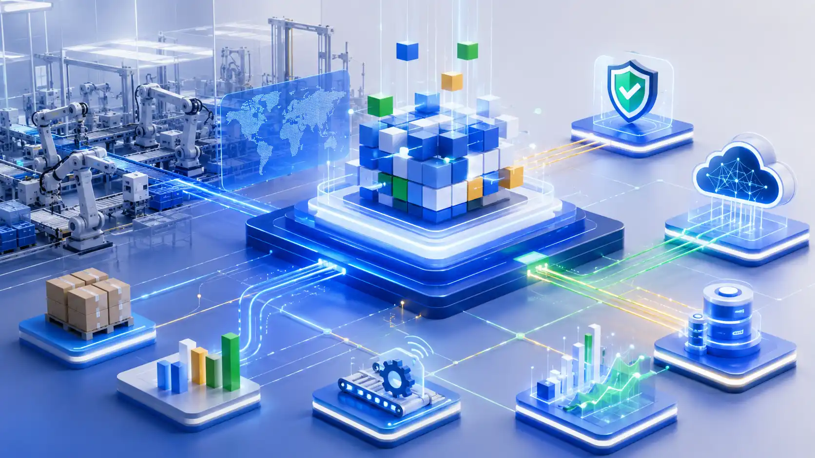 Ilustracja przedstawiająca system MES dla produkcji oraz integrację procesów produkcyjnych z systemami ERP i automatyką przemysłową.