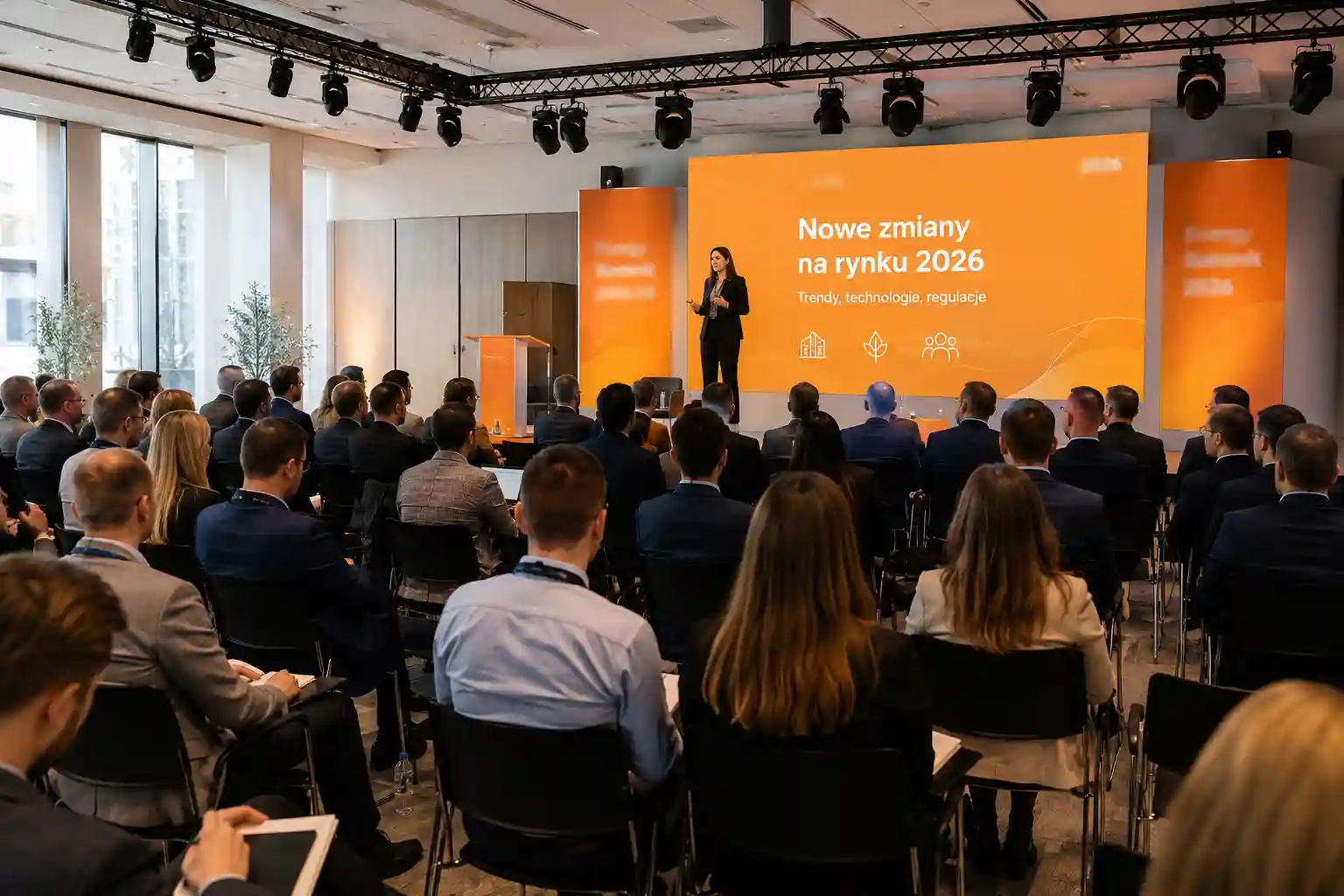 Nowoczesna jasna sala konferencyjna, drezwniane targi mebli i maszyn w Poznaniu.