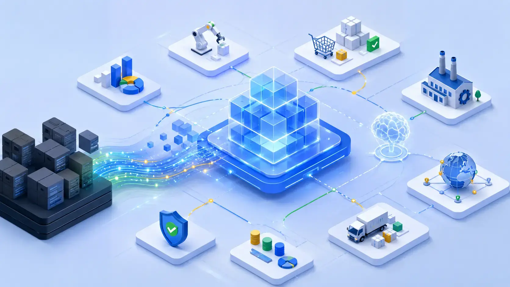 Nowoczesna ilustracja biznesowa przedstawiająca transformację systemów ERP do centralnej platformy cyfrowej.