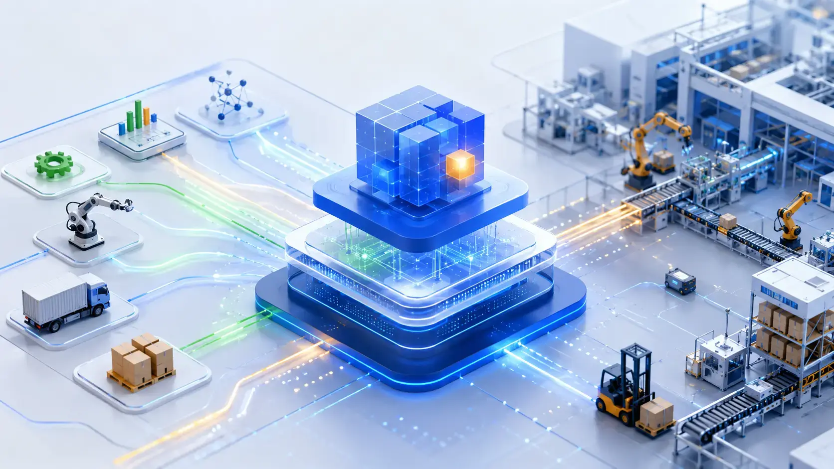 Nowoczesny system ERP SAP w branży produkcyjnej przedstawiony za pomocą grafiki z paletami ilustrującymi różne procesy produkcyjne, logistyczne i zarządzania przedsiębiorstwem.