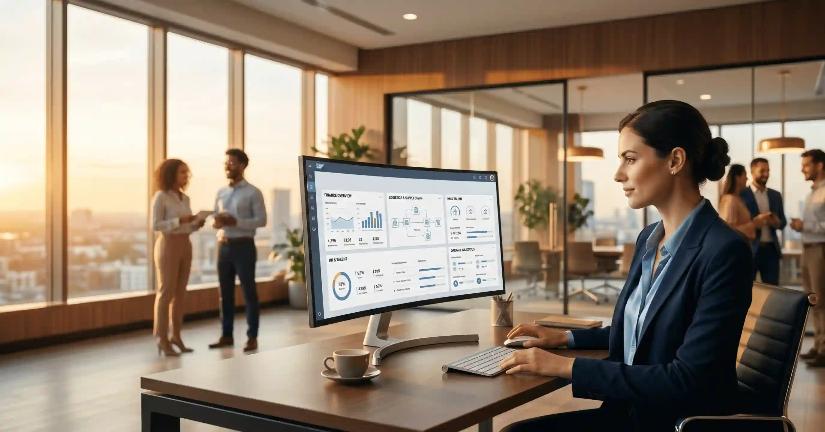 Konsultantka SAP pracująca przy komputerze w nowoczesnym biurze — ekran systemu SAP Fiori